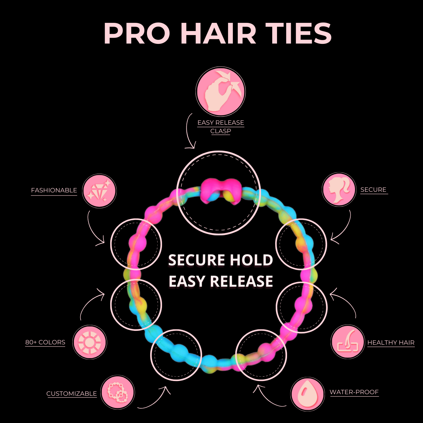 Tye Dye PRO Hair Ties: Easy Release Adjustable for Every Hair Type PACK OF 8