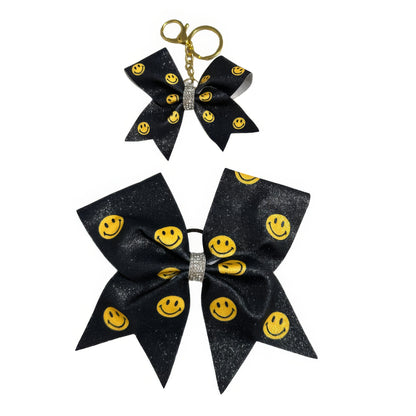 Black Smiley Face Cheer Bow Hair Accessory