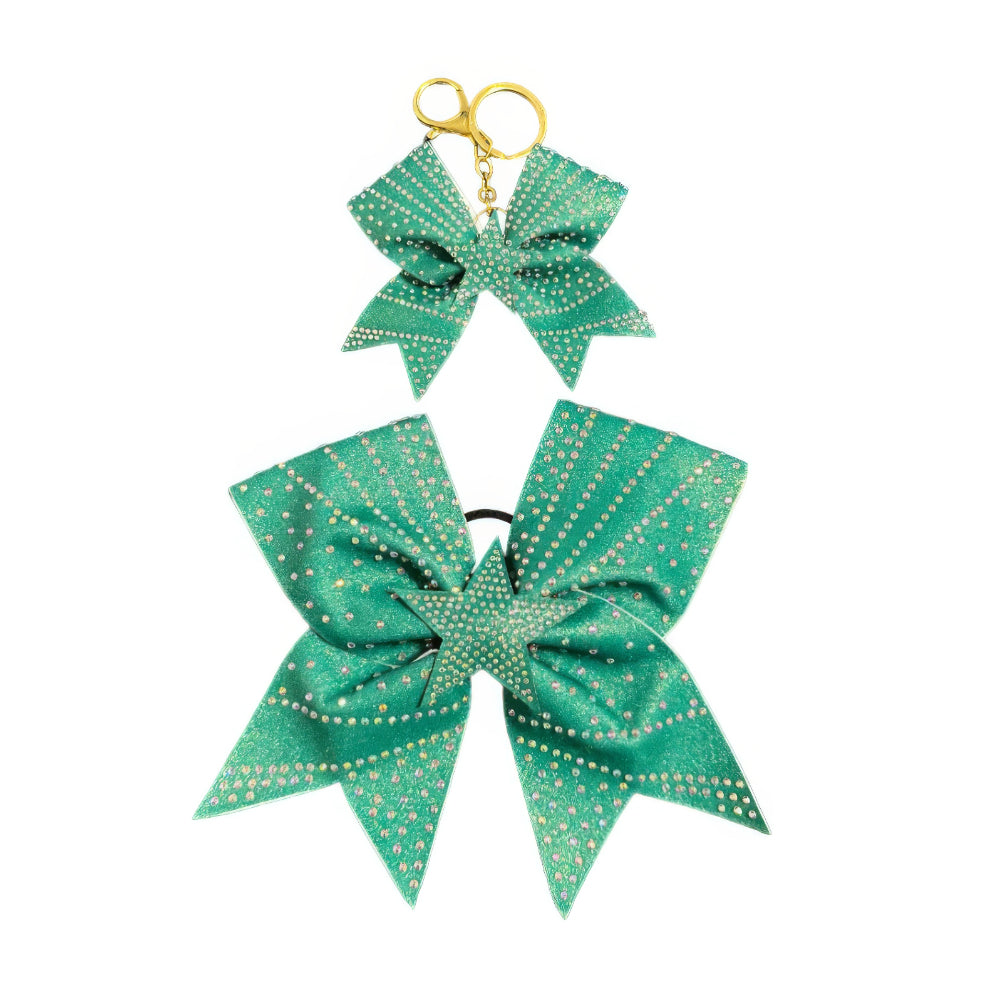 Green Star Cheer Bow Hair Accessory with Glittering Rhinestones