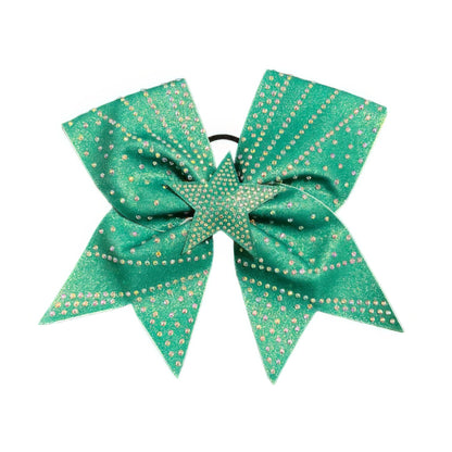 Green Star Cheer Bow Hair Accessory with Glittering Rhinestones