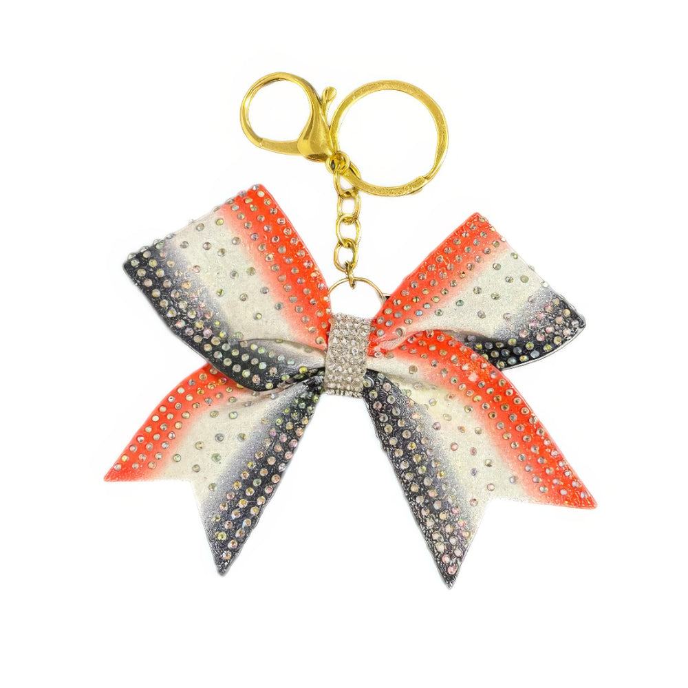 Red, White & Black Cheer Bow Hair Accessory with Glittering Rhinestones chain