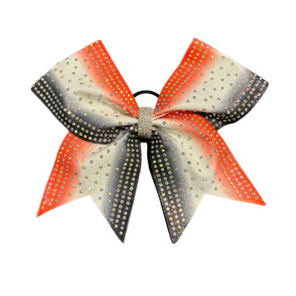 Red, White & Black Cheer Bow Hair Accessory with Glittering Rhinestones chain