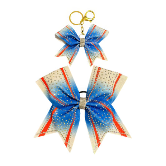 Blue and White Cheer Bow Hair Accessory with Glittering Rhinestones