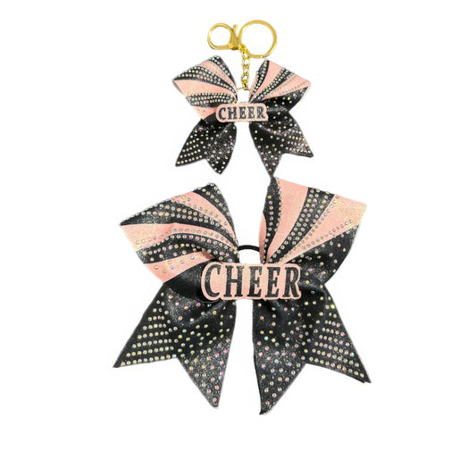 Black and Pink Cheer Bow Hair Accessory with Glittering Rhinestones