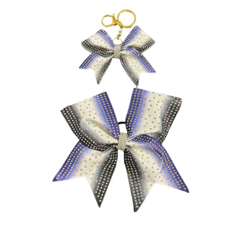 Purple, Black & White Cheer Bow Hair Accessory with Glittering Rhinestones