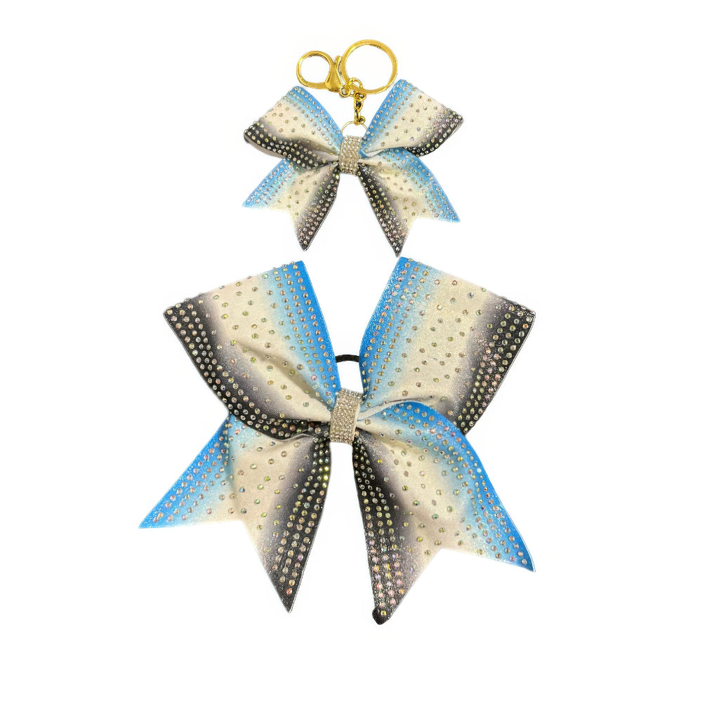 Blue, Black & White Cheer Bow Hair Accessory with Glittering Rhinestones