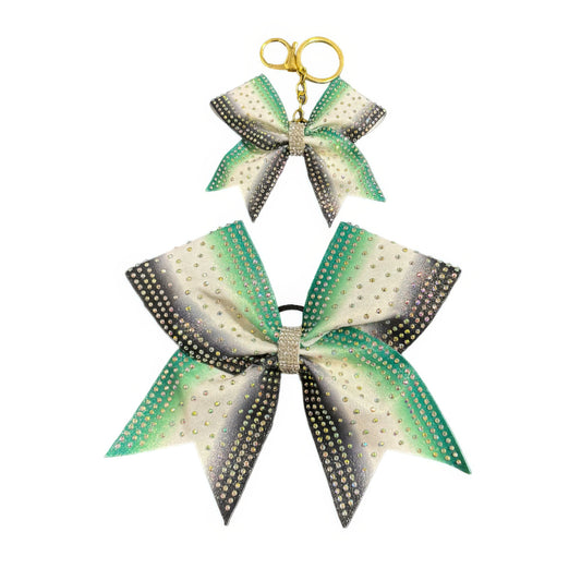 Green, Black & White Cheer Bow Hair Accessory with Glittering Rhinestones