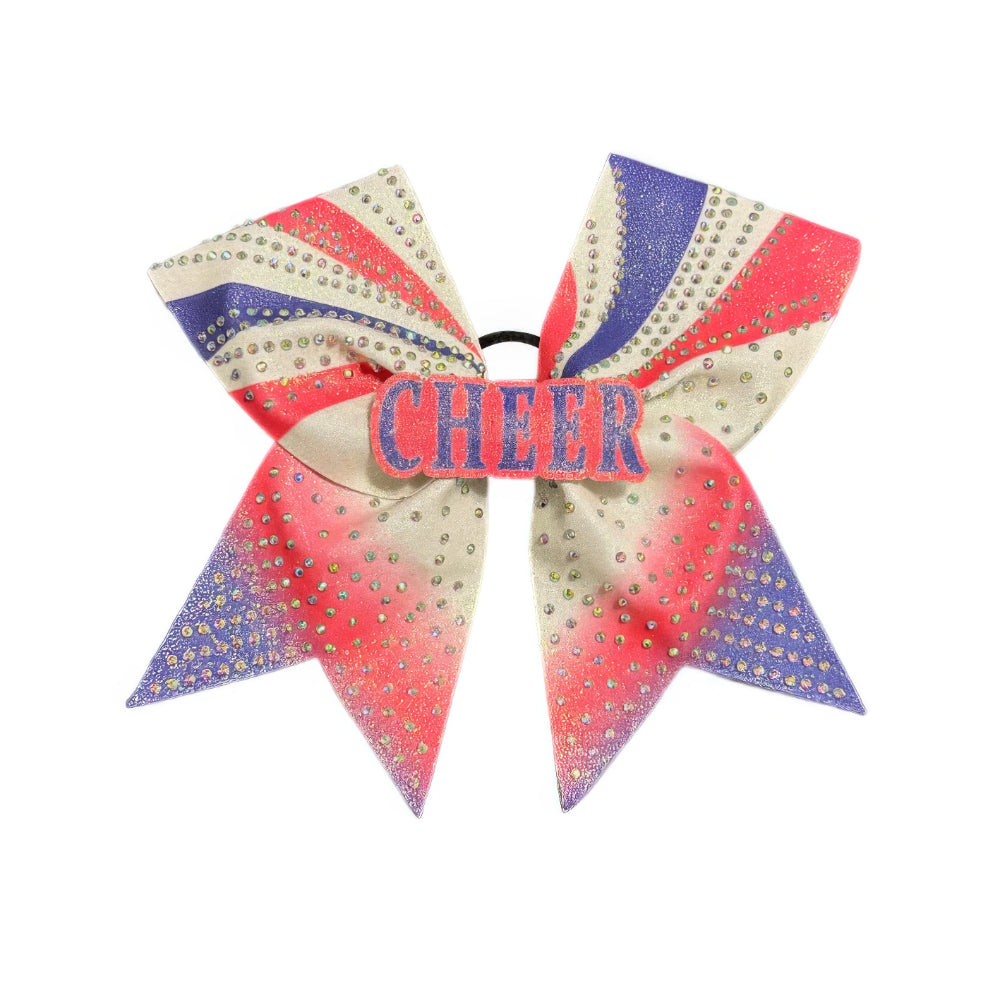 Pink, Purple & White Cheer Bow Hair Accessory with Glittering Rhinestones