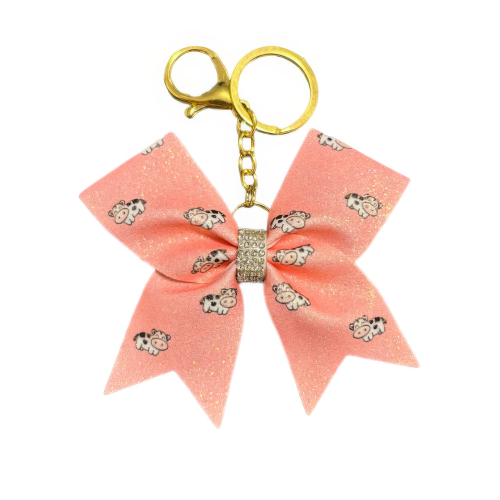 Pink Cow Print Cheer Bow Hair Accessory with Glittering Rhinestones