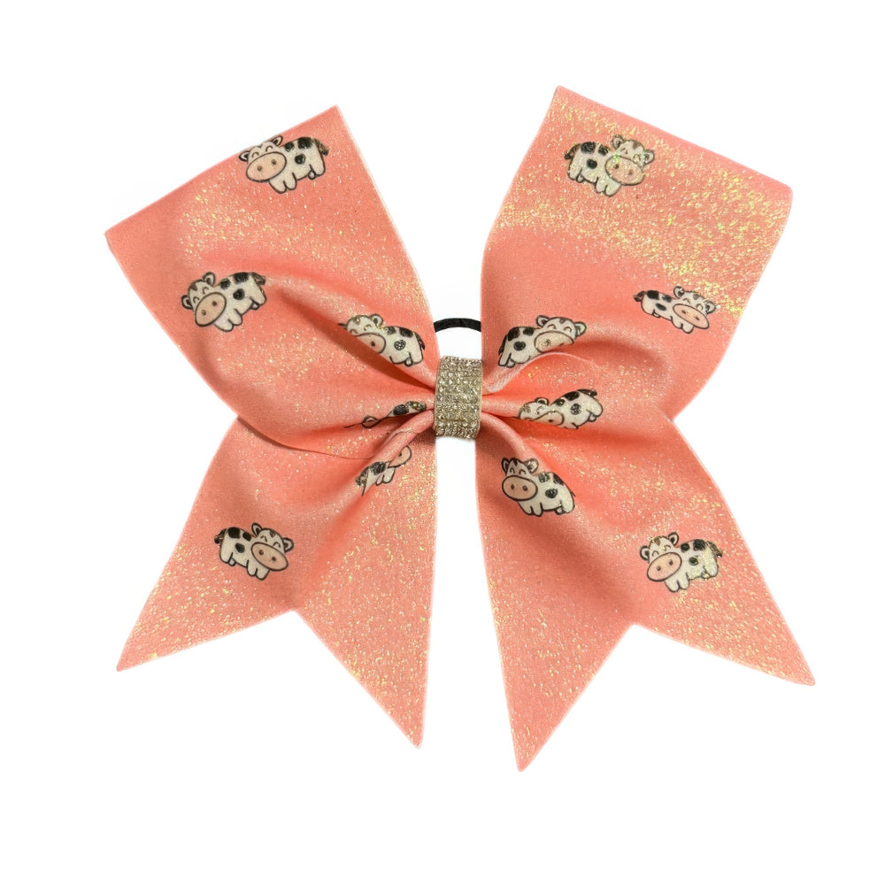 Pink Cow Print Cheer Bow Hair Accessory with Glittering Rhinestones