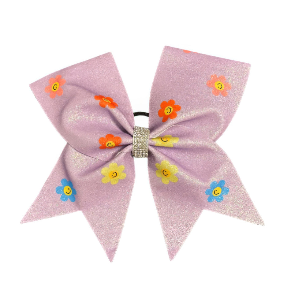 Smiley Flower Cheer Bow Hair Accessory with Glittering Rhinestones