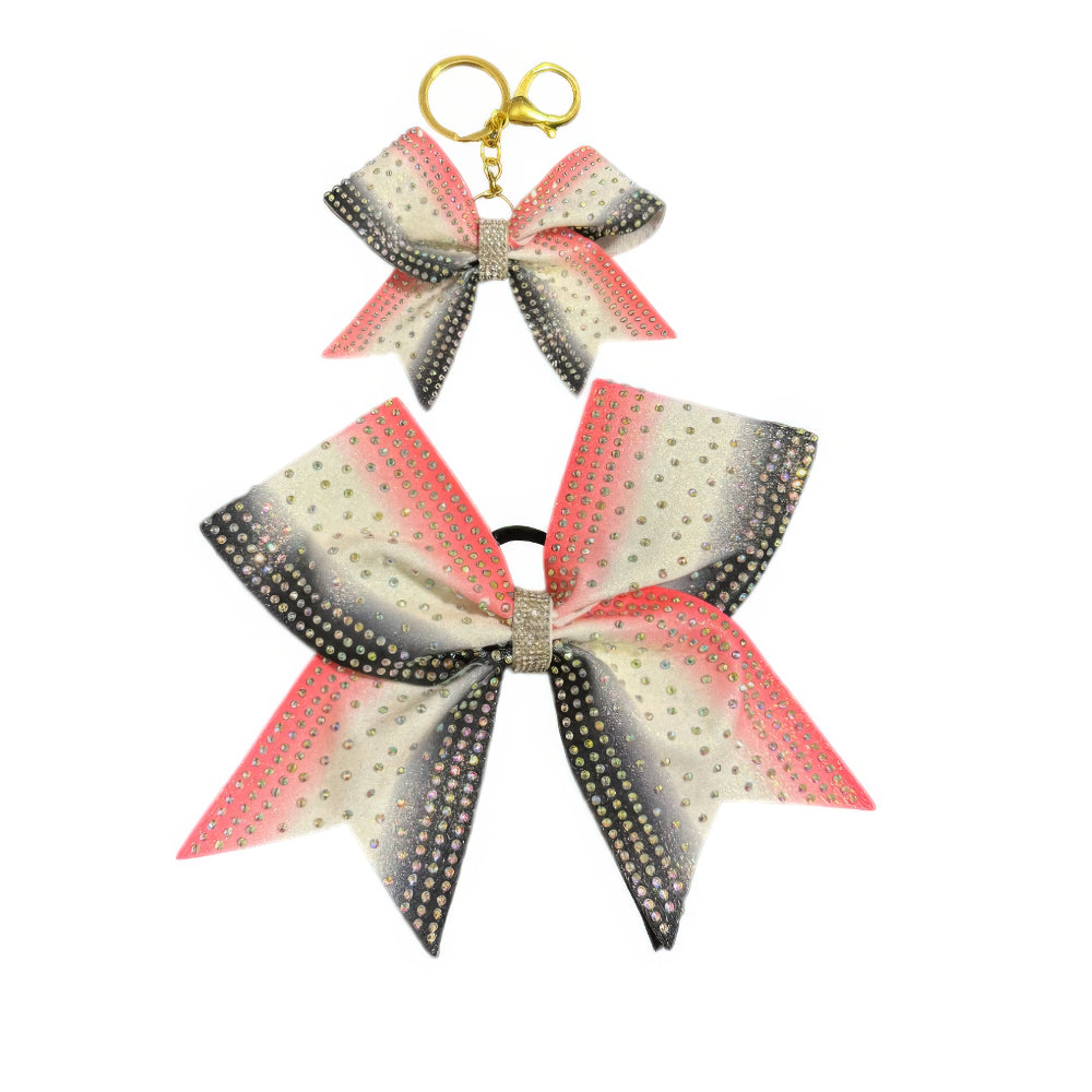 Pink and Black Gradient Cheer Bow Hair Accessory with Glittering Rhinestones