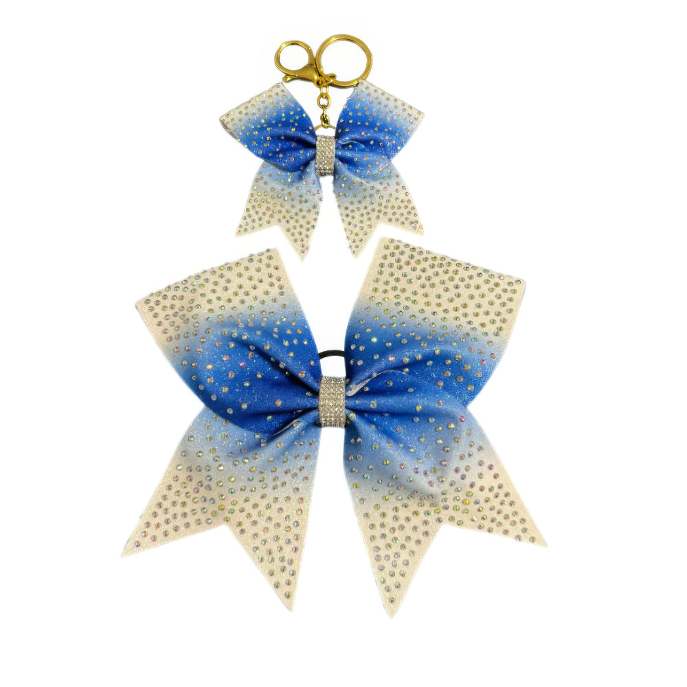 Blue Gradient Cheer Bow Hair Accessory with Glittering Rhinestones