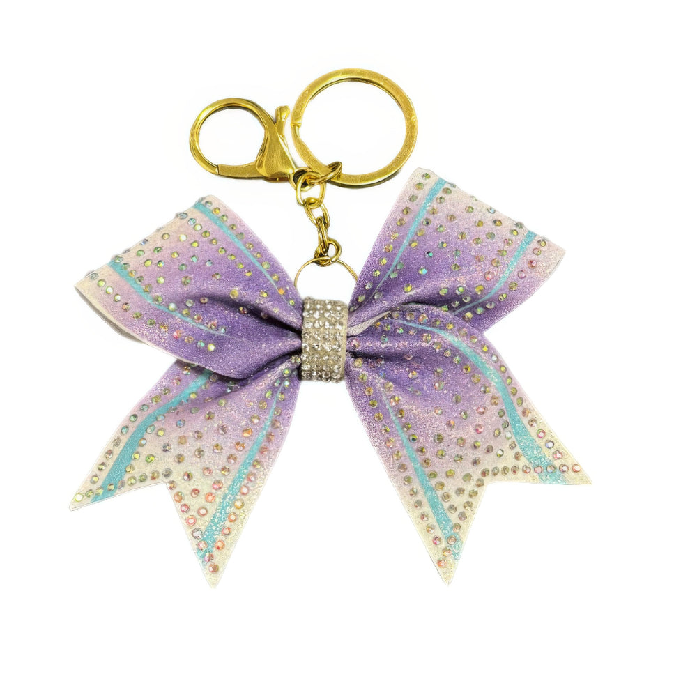 Cream and Purple Cheer Bow Hair Accessory with Glittering Rhinestones