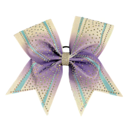 Cream and Purple Cheer Bow Hair Accessory with Glittering Rhinestones