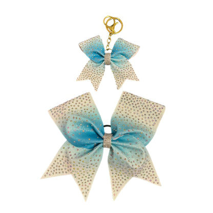 Cream and Blue Cheer Bow Hair Accessory with Glittering Rhinestones